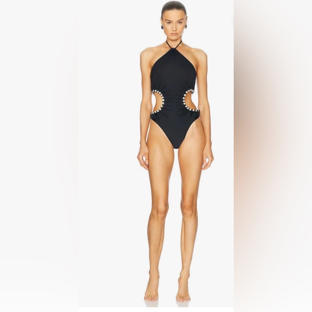 CULT GAIA Sibel One Piece Swimsuit Black Halter with Pearl Details Small - Picture 3 of 11